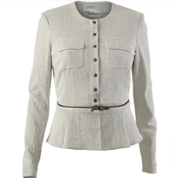 CAbi Zip Line Peplum Blazer Jacket White Black Grid Womens Sz 2 Snap Close - Picture 2 of 11